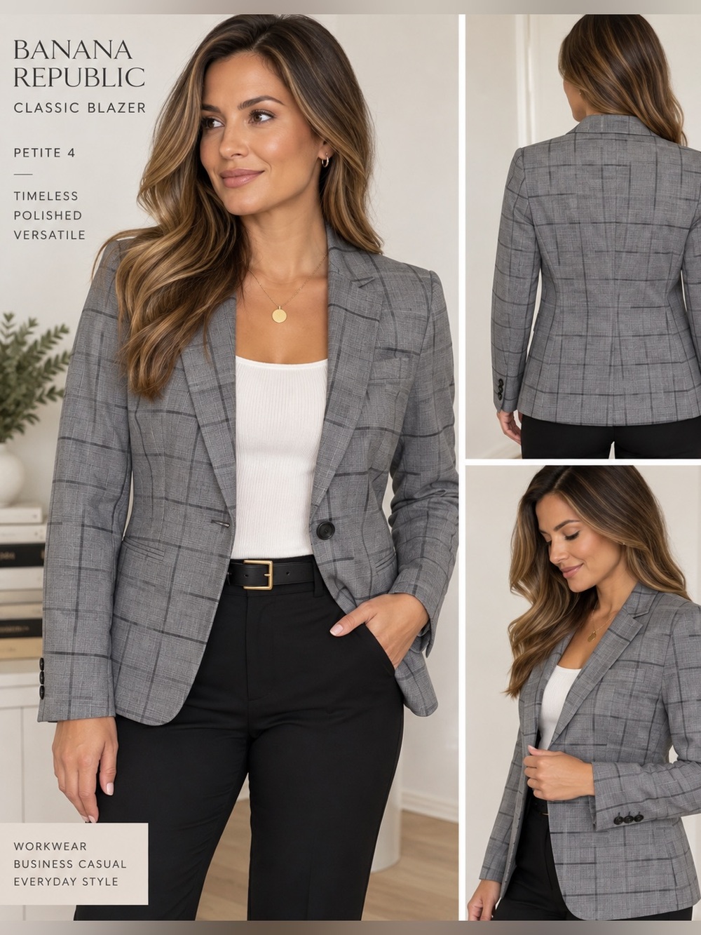 Banana Republic Petite 4 Wool Windowpane Plaid Classic Blazer Gray